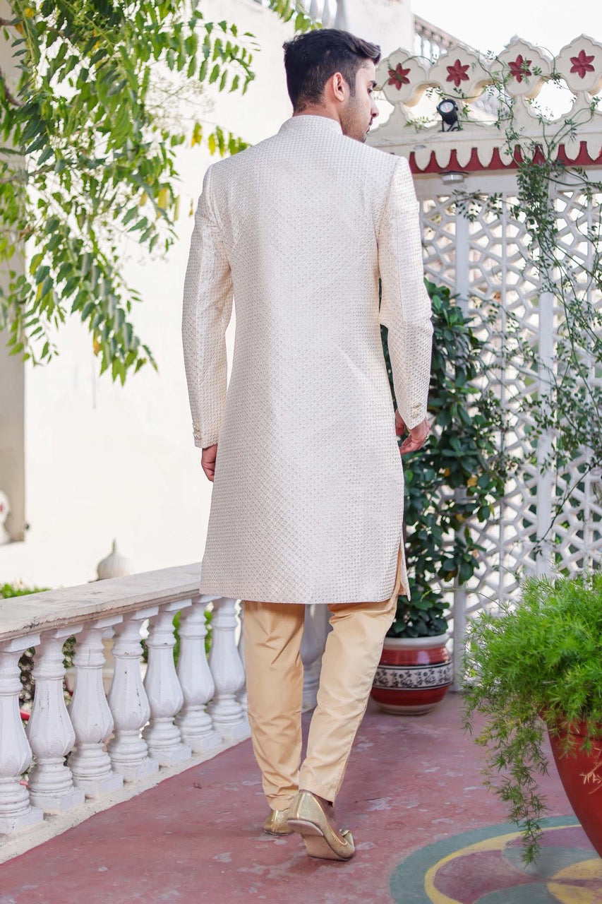 Cream Indo-Western Sherwani Suit.