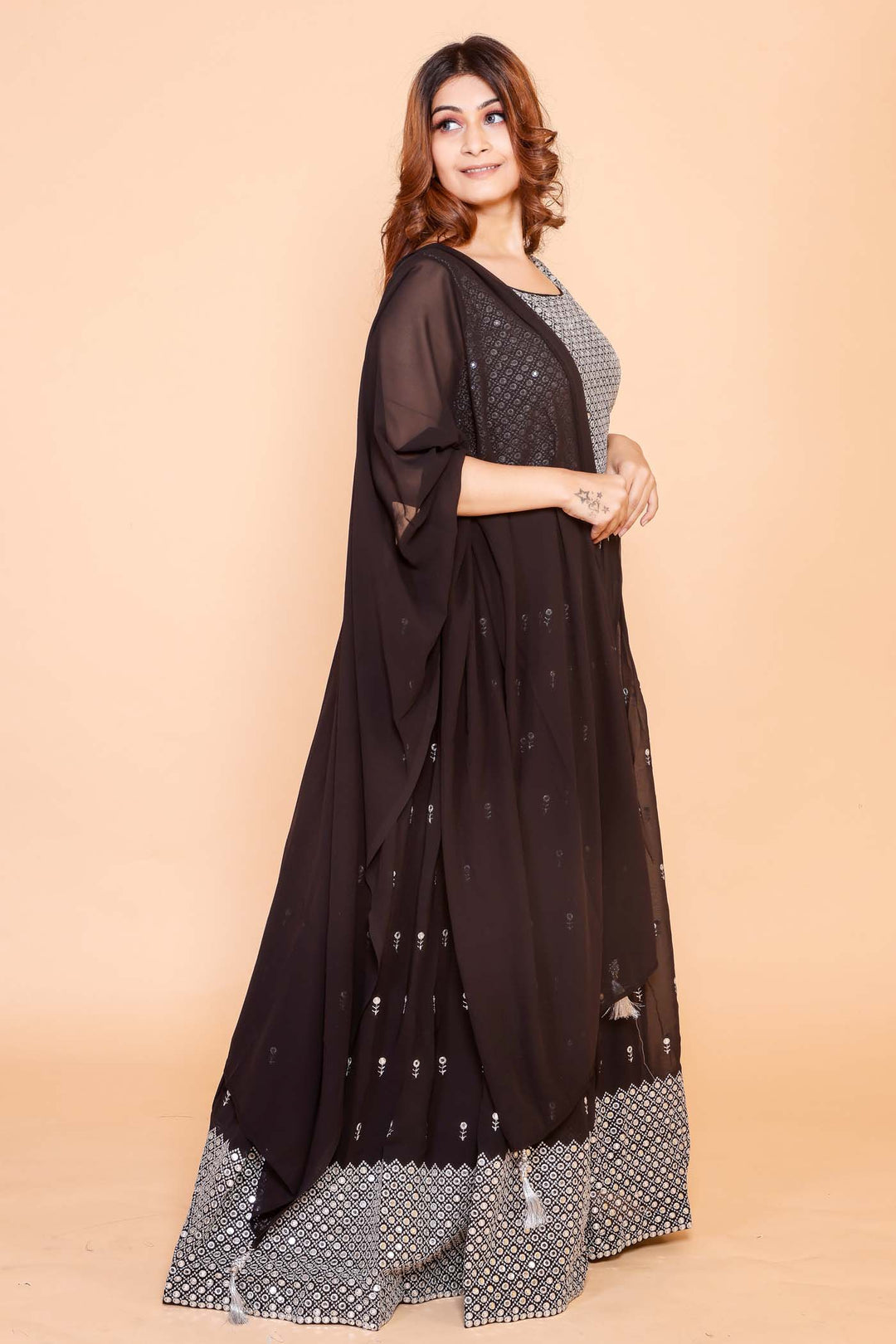 Georgette Mirror Work Anarkali - Black