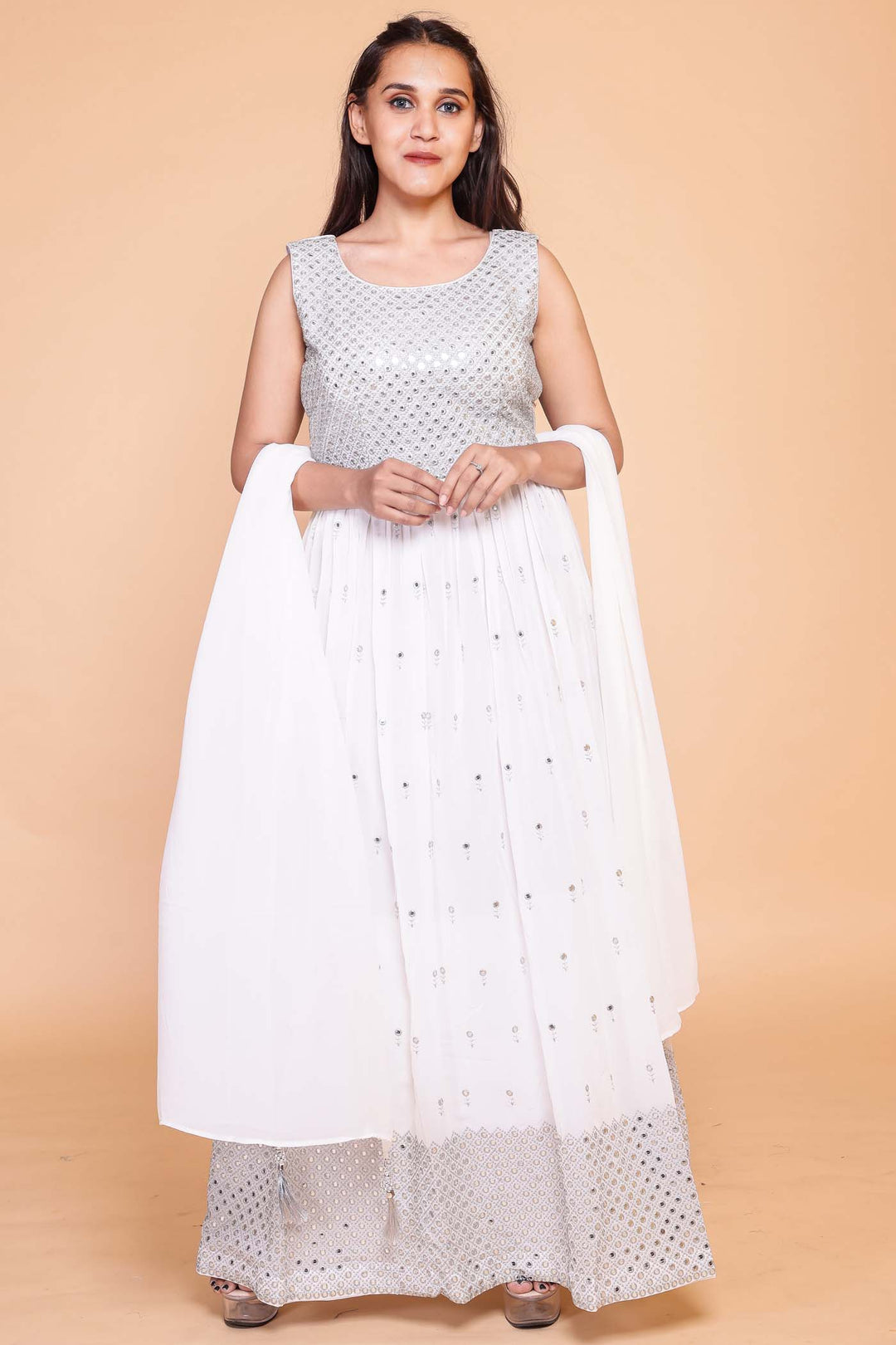 Georgette Mirror Work Anarkali - White