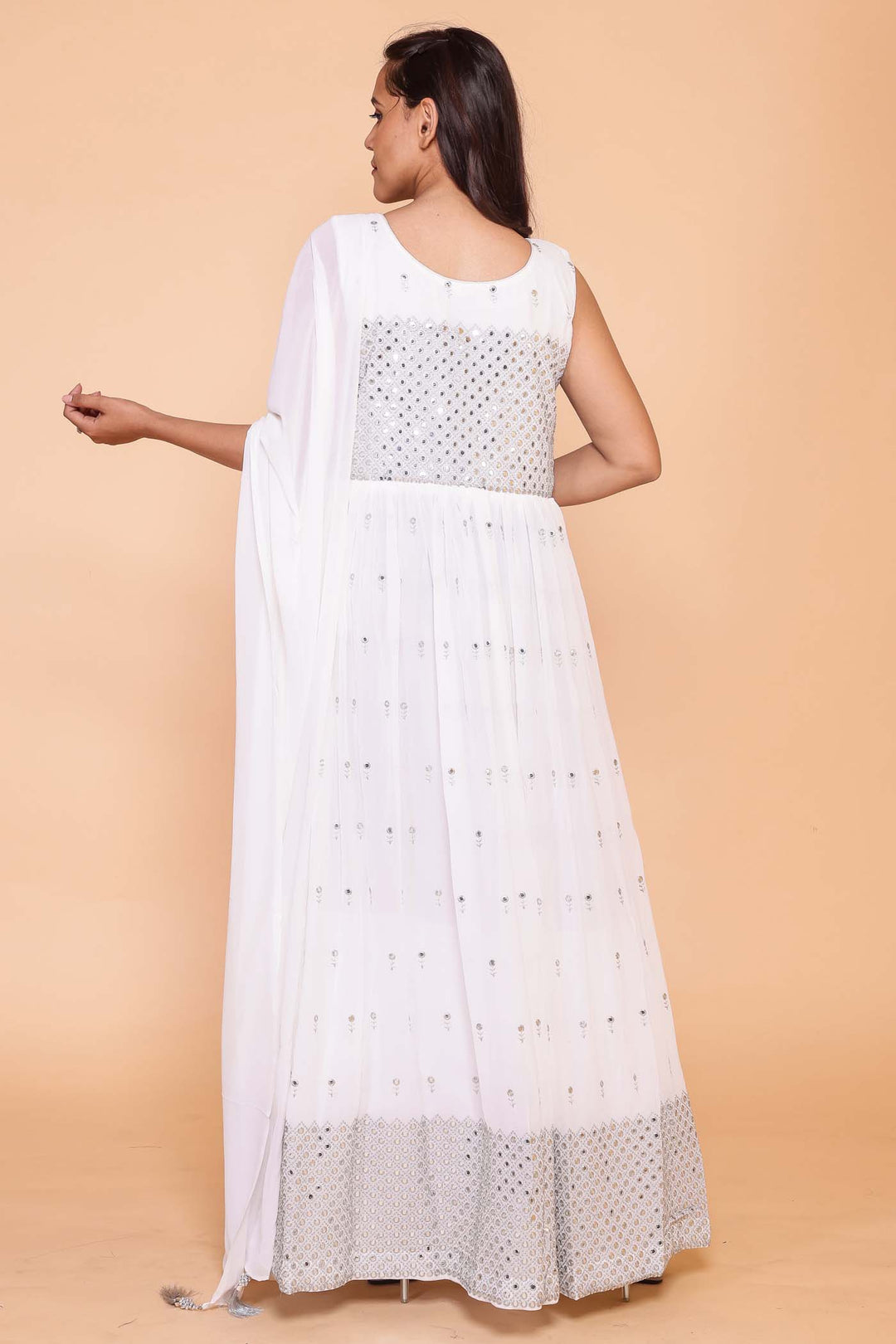 Georgette Mirror Work Anarkali - White