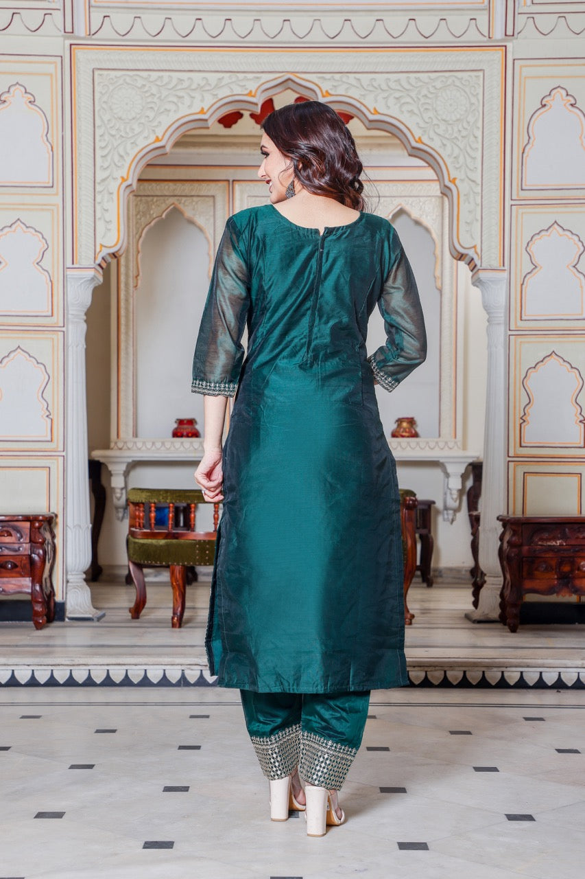 Straight Cut Bottle Green Kurta Set