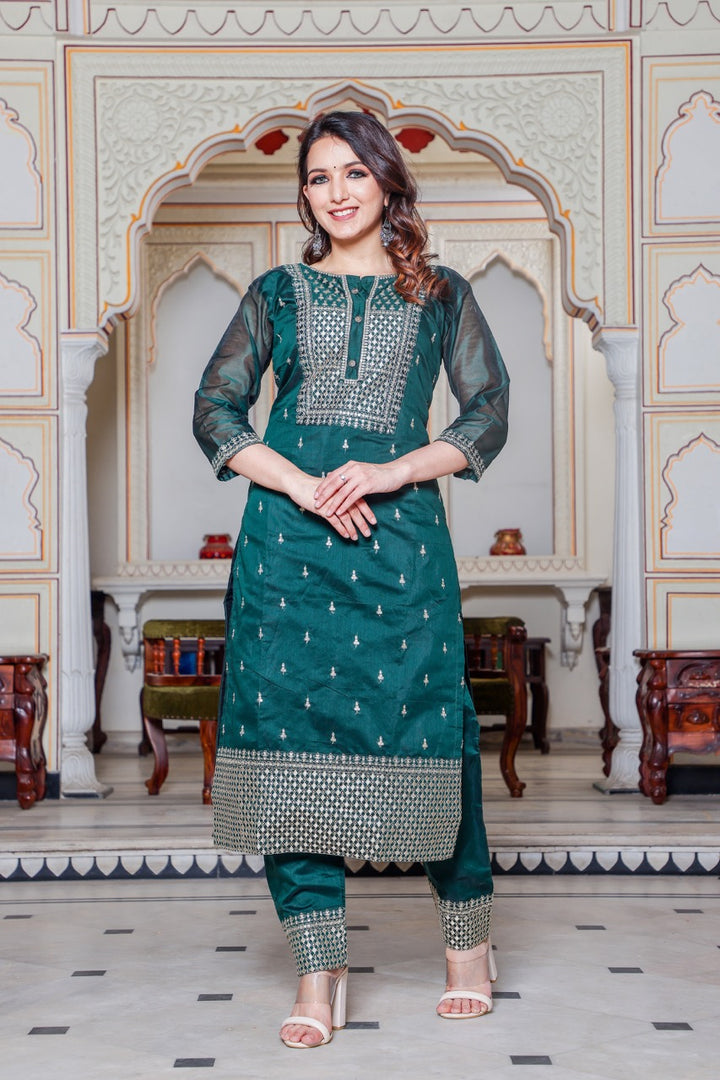 Straight Cut Bottle Green Kurta Set