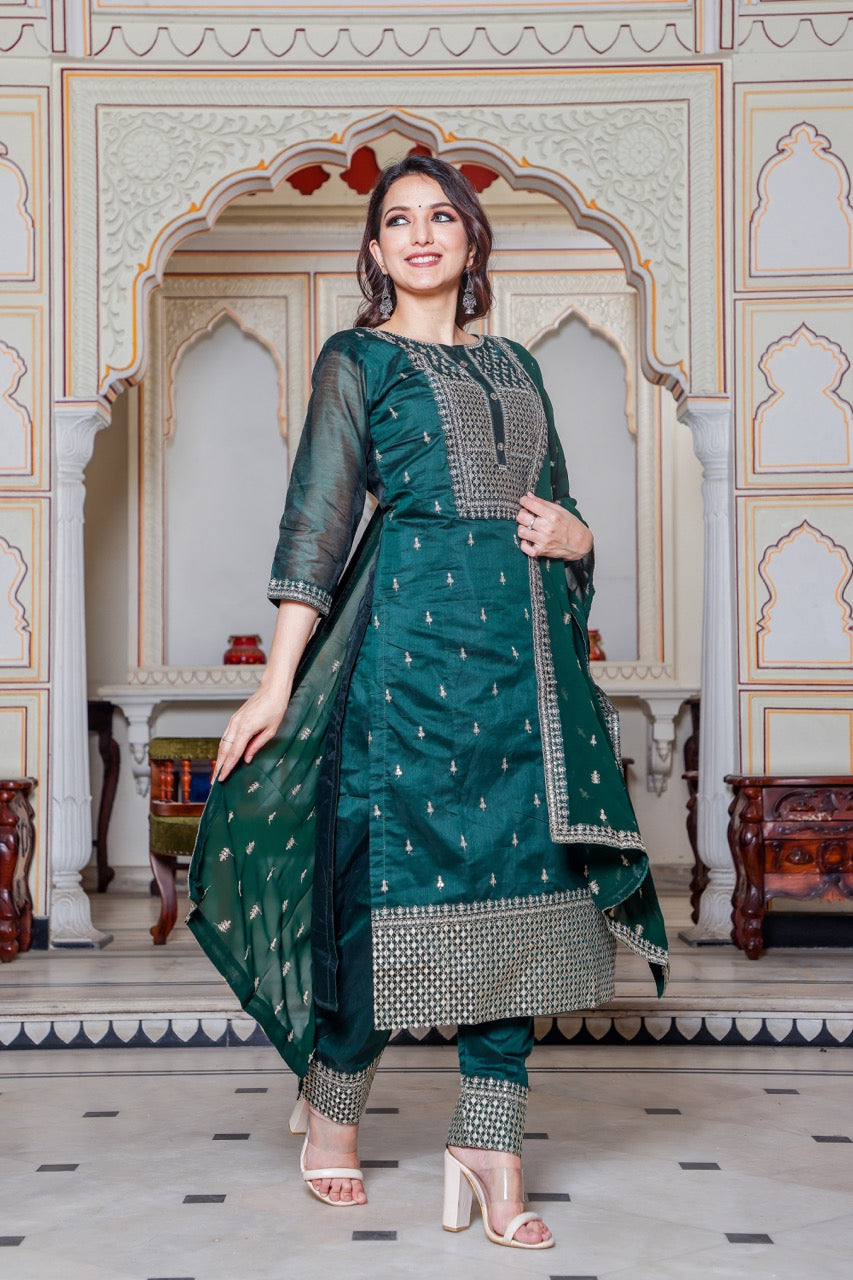 Straight Cut Bottle Green Kurta Set