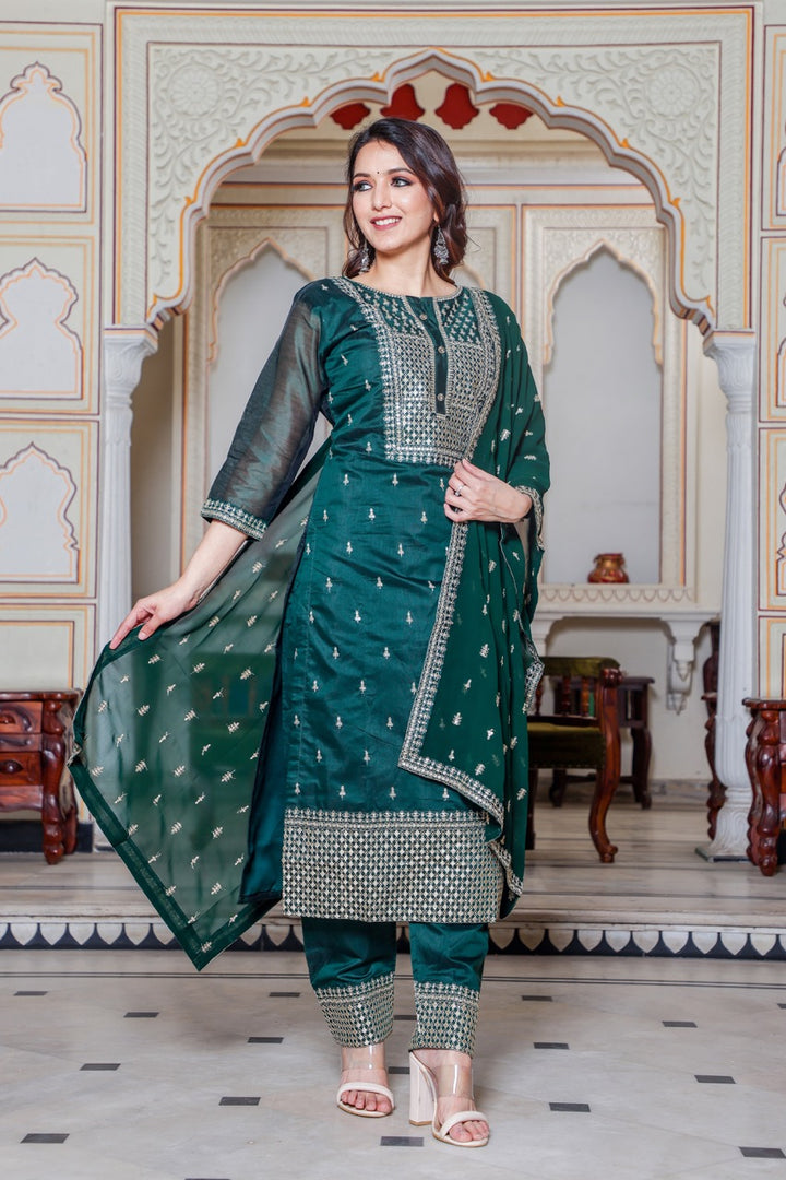 Straight Cut Bottle Green Kurta Set