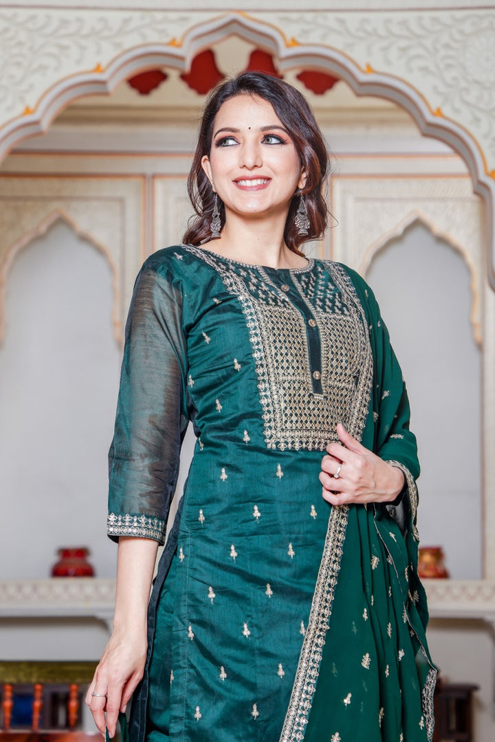 Straight Cut Bottle Green Kurta Set