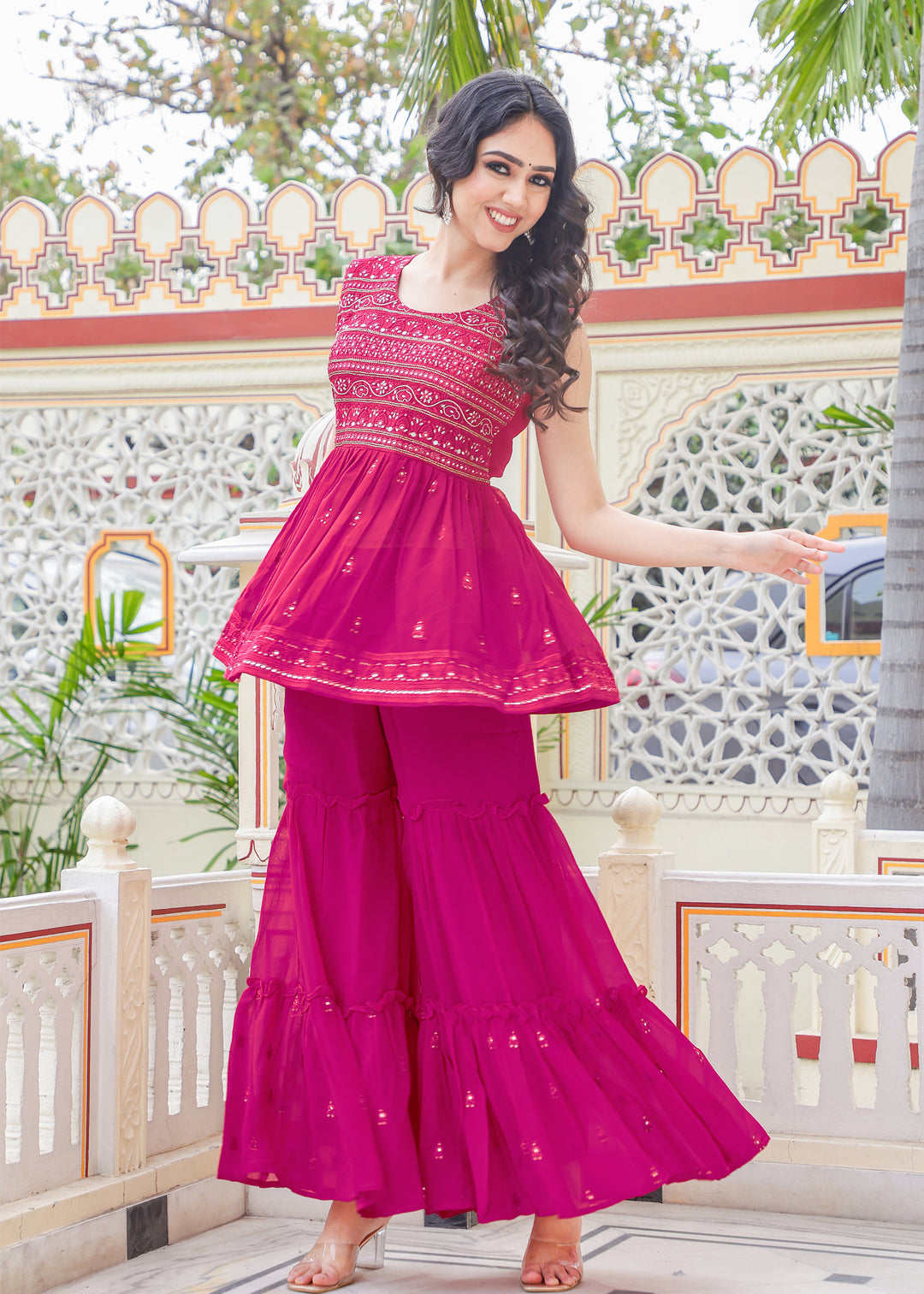 Fushia Pink Georgette Sharara Suit