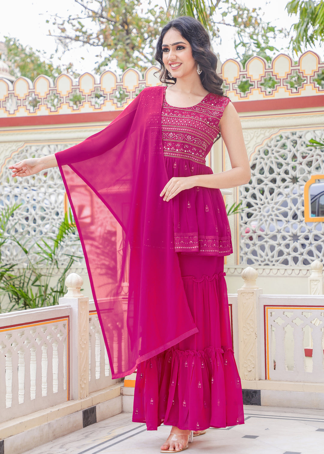 Fushia Pink Georgette Sharara Suit