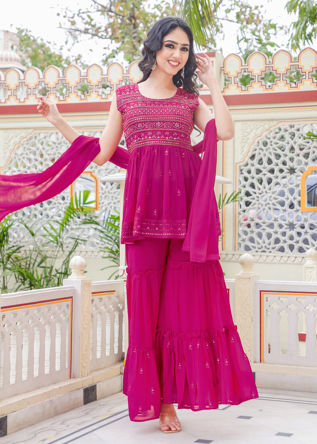 Fushia Pink Georgette Sharara Suit