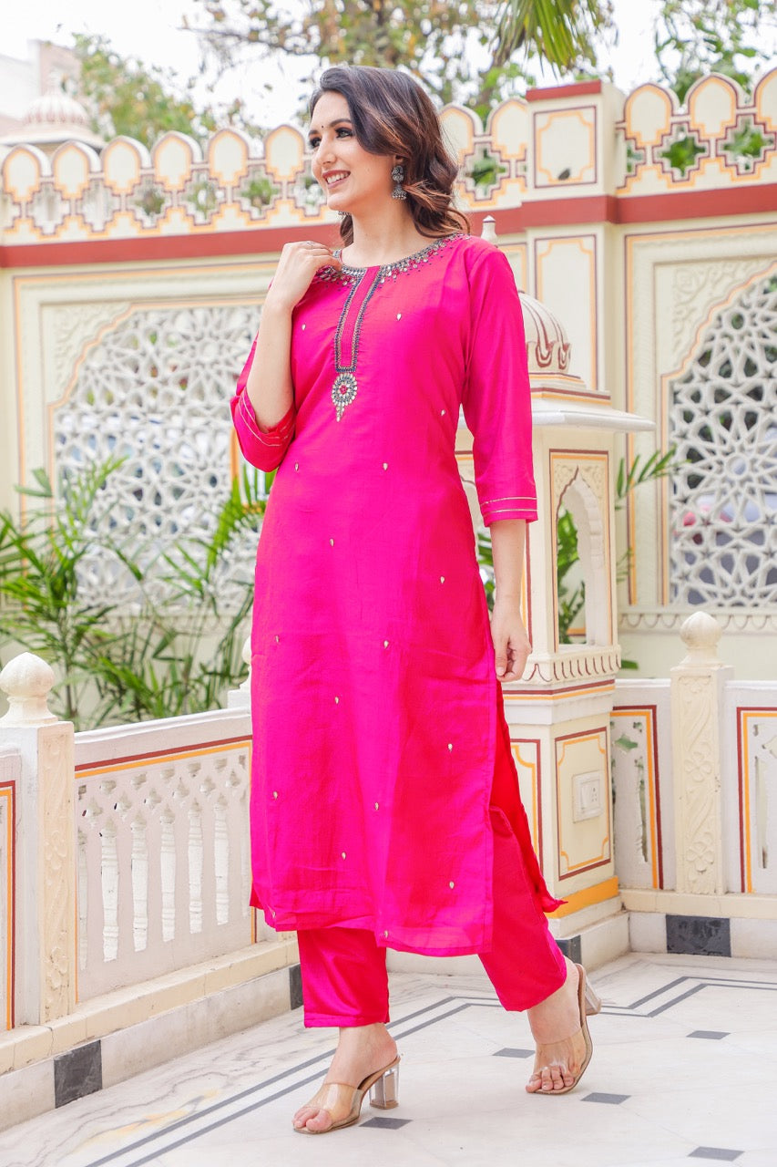 Straight Cut Rani Pink Kurta Set