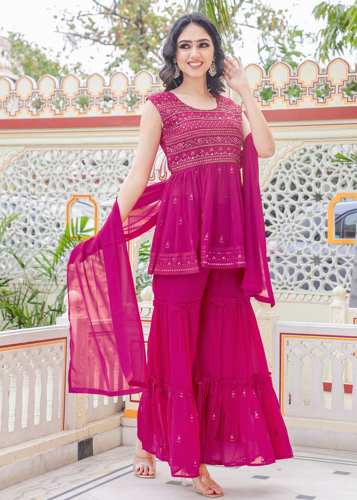 Fushia Pink Georgette Sharara Suit