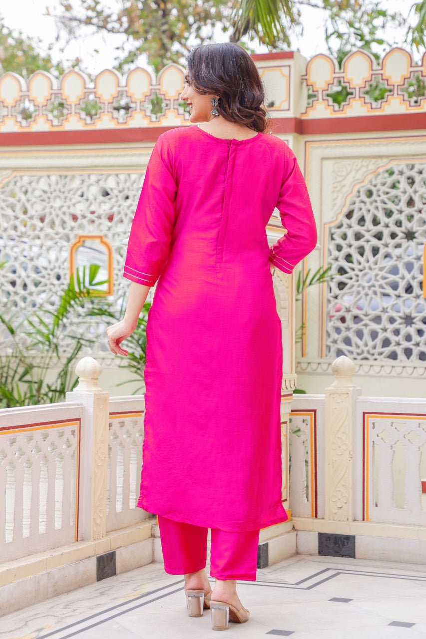 Straight Cut Rani Pink Kurta Set