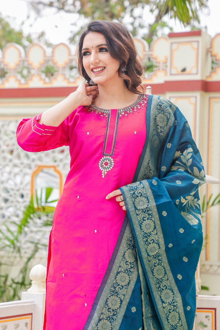 Straight Cut Rani Pink Kurta Set