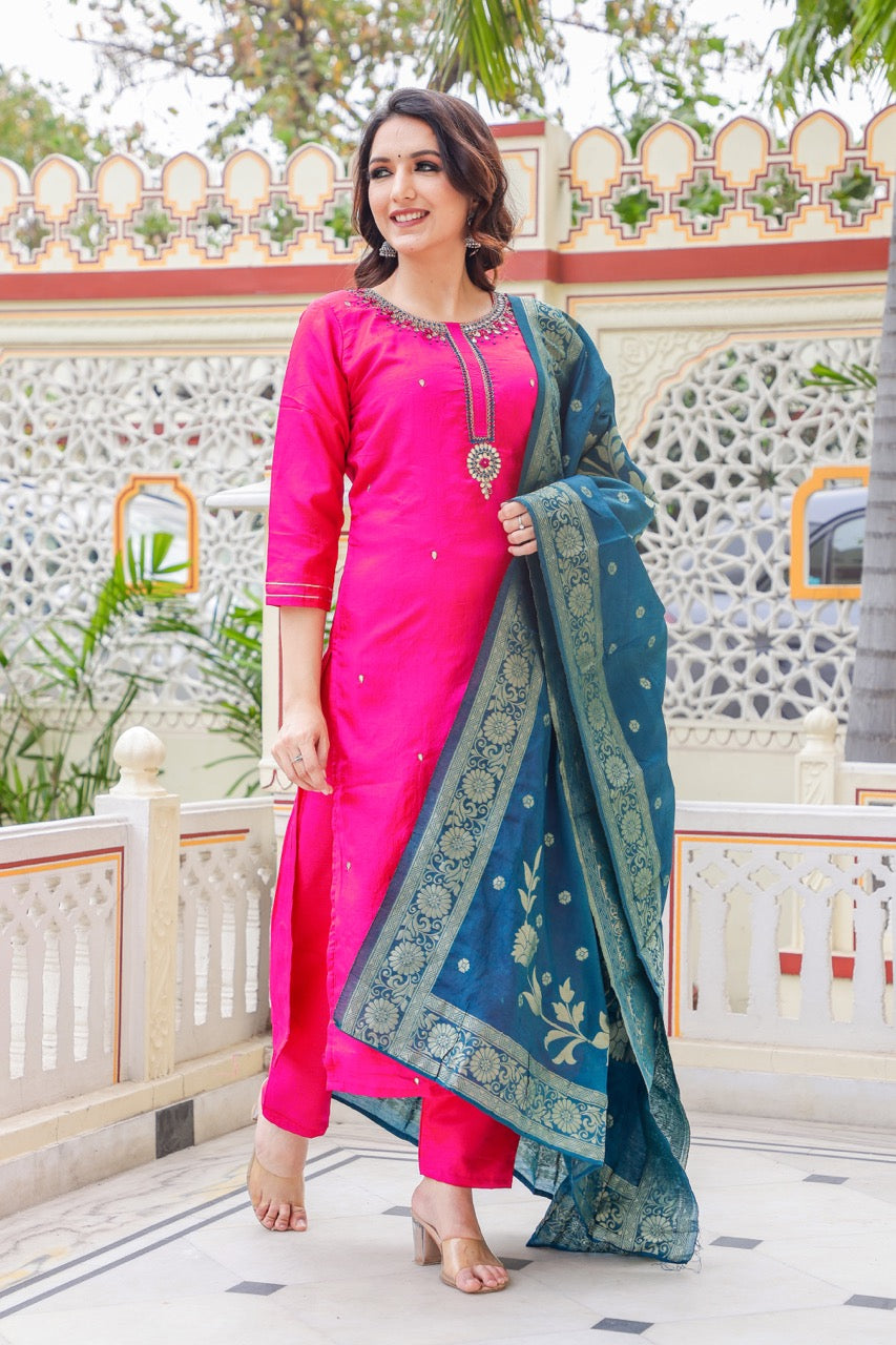 Straight Cut Rani Pink Kurta Set