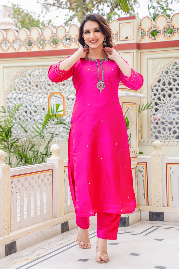 Straight Cut Rani Pink Kurta Set